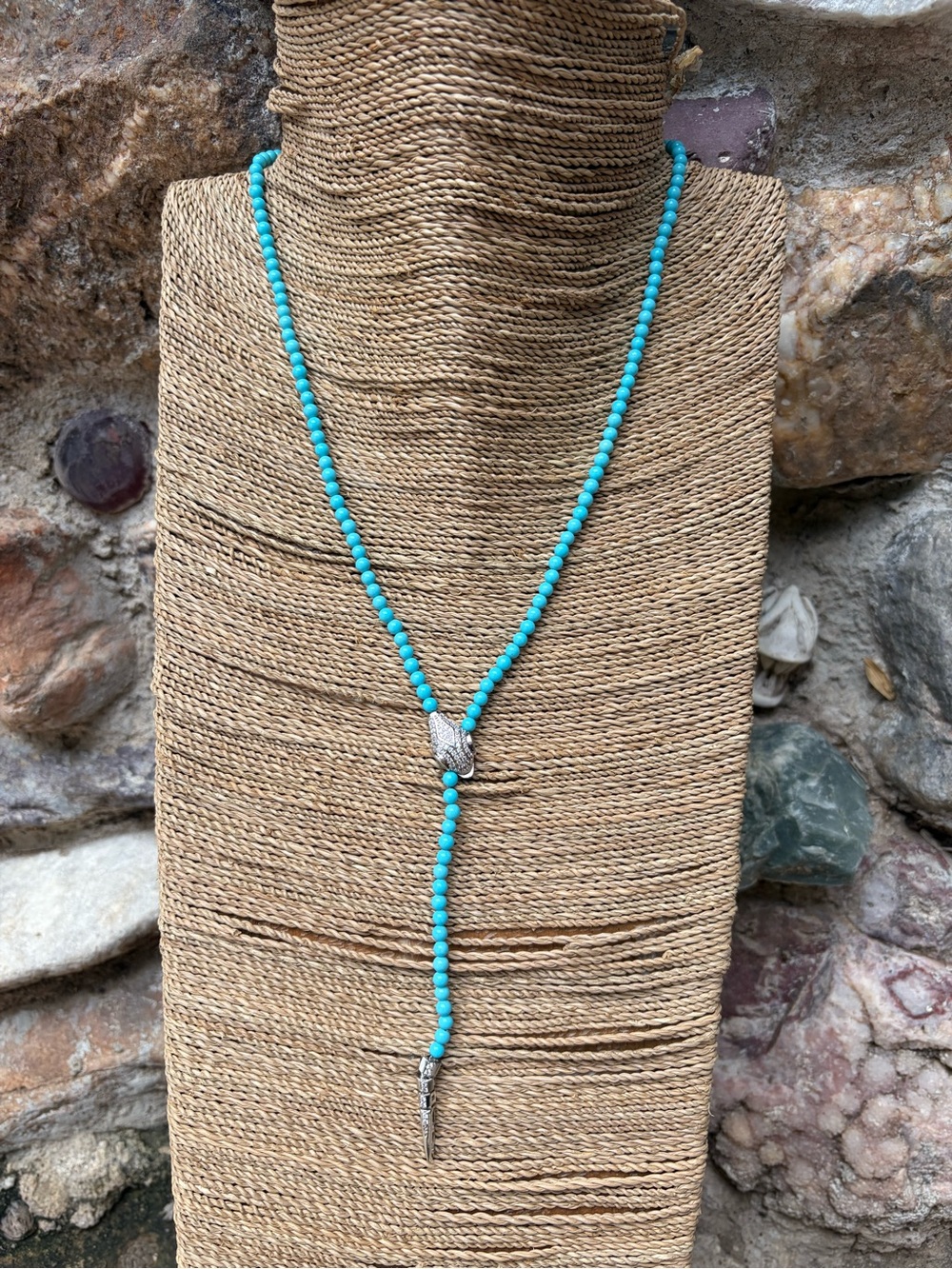 Turquoise Beaded Lariat Necklace with Silver Snake Accents